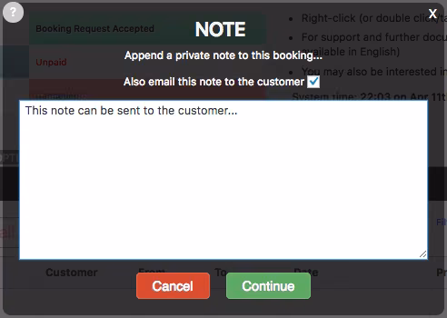 Notes modal dialogue
